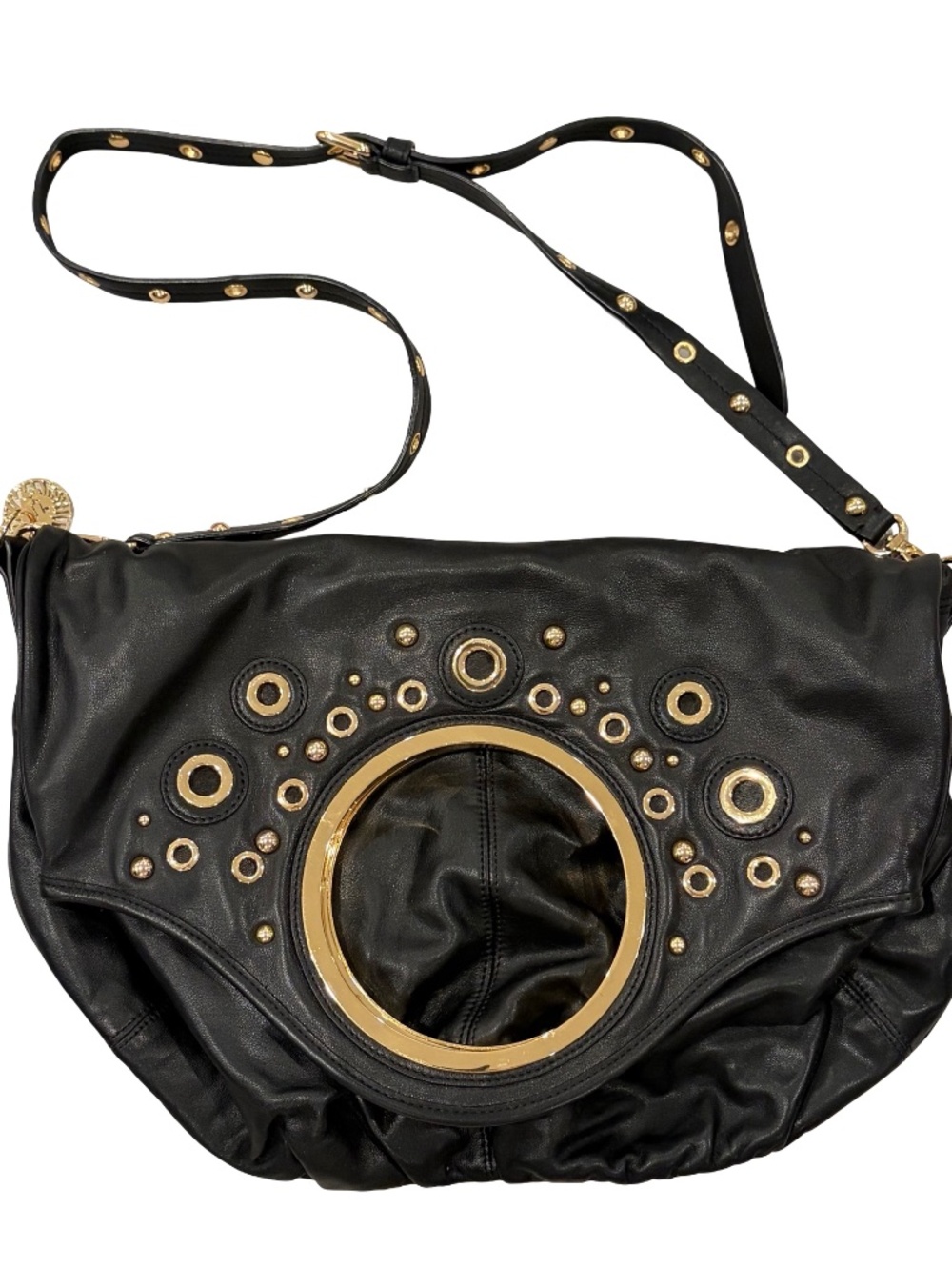 ANNE KLIEN NEW YORK Genuine Leather Black Fold Over Handbag Crossbody Bag